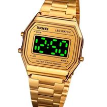 Relógio skmei feminino 1646 dourado digital masculino unissex quadrado aço inox