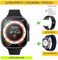 Relógio Smartwatch GS8 Ultra 8 45mm Rede Social Ligações KIT 3 Puls. Milanese+Ocean+Pelíc.