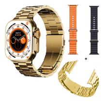 Relógio Smartwatch Inteligente Dourado 3 pulseiras WS09 Academia Esportes e Caminhadas