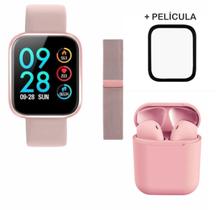 Relógio Smartwatch P70 2 pulseiras + Pelicula + Fone Sem Fio Pink