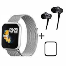 Relogio Smartwatch P70 Prata mais fone de ouvido MI com fio e pulseira extra