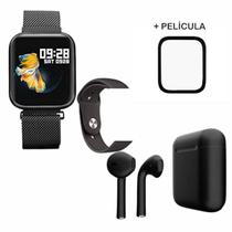 Relógio Smartwatch P70 Preto 2 pulseiras + Pelicula + Fone Sem Fio Black