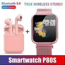 Relógio Smartwatch P80S com Pelicula mais Pulseira e fone i12 Cor: Rosa