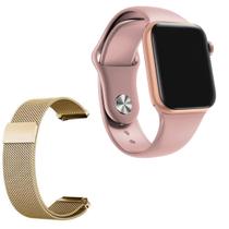 Relógio Smartwatch w7 Watch 5 Rosa Android iOS + 1 Pulseira Extra de Aço Dourado - Smart Bracelet