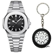 Relógio Social Masculino Prateado Old Money + Chaveiro Trena Relógio Social Masculino Prateado Old Money + Chaveiro Trena