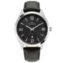 Relógio Social Masculino Technos Steel Pulseira de Couro Preto Executivo Prateado Slim Leve 2115MZP/0P