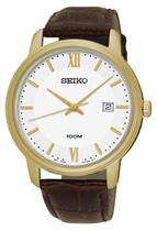 Relógio Social Seiko Pulseira De Couro Dourado 100M