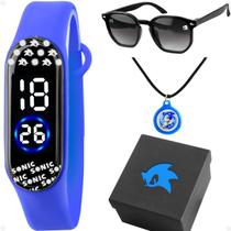 Relogio Sonic Digital Infantil + Oculos Sol + Colar qualidade premium ajustavel proteção uv prova dagua led criança azul