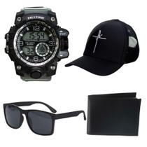 Relógio Sport Masculino + Óculos Preto + Boné Fé + Carteira A Prova d' Água
