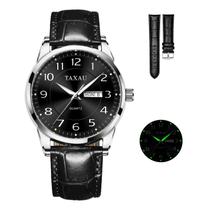 Relógio Taxau Black Leather Band à prova d'água para homens