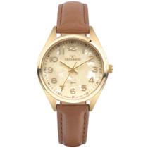 Relógio Technos Boutique Elegance Feminino Dourado Mostrador Madrepérola Pulseira Couro Marrom Caixa Fina - 2036MSA/0X