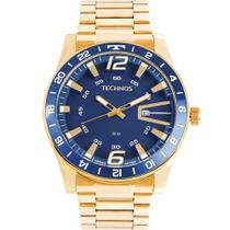 Relógio Technos Esportivo Casual Dourado Com Mostrador e Aro Azul Original Masculino Médio Luxo 2115LAJS/4A