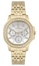 Relogio Technos feminino dourado branco St.Moritz multifunçao cravejado com pedrinhas strass luxo moderno 6P29AMF/1K