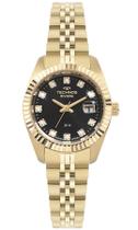 Relogio Technos feminino dourado pequeno preto cravejado com cristais strass Banhado folheado a prova dágua 2015CEL/1P