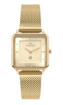 Relogio Technos feminino dourado pequeno quadrado Slim vidro Safira cravejado strass sofisticado luxo GL22AL/1D