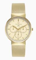 Relogio Technos feminino dourado slim vidro safira multifunçao cravejado pulseira esteira sofisticado luxo 6P29ALW/1D
