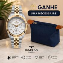 Relogio Technos feminino prata dourado bicolor multifunção Riviera misto + Necessaire kit presente 6P79CC/1K