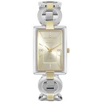 Relogio Technos feminino prata dourado quadrado bicolor elos strass 2035MYH/1D