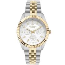 Relogio Technos feminino prata e dourado bicolor misto Riviera multifunção cravejado moderno sofisticado prova dagua aço inox banhado 6P79CC/1K