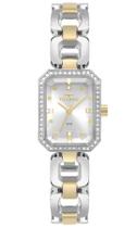 Relogio Technos feminino prata e dourado quadrado pequeno pulseira elos misto bicolor retangular 2036MTG/1K