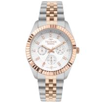 Relogio Technos feminino prata e Rose Gold bicolor misto multifunção St. Moritz banhado folheado a prova dágua 6P79BX/1K