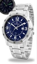 Relógio Technos Masculino Analógico De Pulso Prateado Fundo Azul Marinho Aço Inoxidável Brilha No Escuro Calendário Prova D água 50 Metros Original