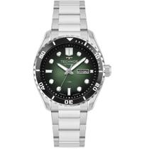 Relogio technos masculino automático aço inoxidavel mostrador na cor verde com efeito luminescente nos ponteiros e marca