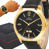 Relógio Technos Masculino Dourado Preto Couro Prova d'água com 1 ano de garantia e carteira - Lebrave