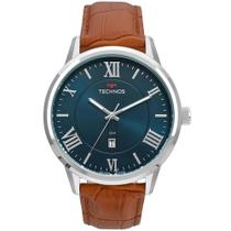 Relogio Technos Masculino prata mostrador azul pulseira de couro marrom algarismos romanos social executivo luxo 2115MTXS/0A
