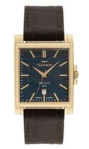 Relogio Technos Masculino quadrado dourado azul pulseira de couro executivo social calendario a prova dagua 2115TVM/0A