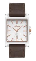 Relogio Technos Masculino quadrado prateado branco e rosê pulseira de couro marrom executivo com calendario 2115UBW/0K