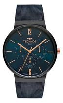 Relógio Technos slim caixa aço grafite pulseira azul visor safira