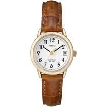 Relógio Timex Easy Reader feminino com estojo dourado e pulseira de couro