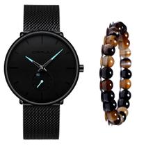 Relógio Ultra Fino Masculino Luxo Casual + Pulseira Bolinhas