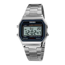 Relógio Unissex Digital Skmei 1123 Resistente à água 3 ATM Caixa em Metal Prata Pulseira de Aço Visor Cristal Mineral Quadrado Dobrável Bateria