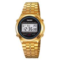 Relógio Unissex Digital Skmei 2146 Resistente à água 3 ATM Caixa em Metal Dourado Pulseira de Metal Visor Acrílico Redondo Gancho Bateria Esportivo