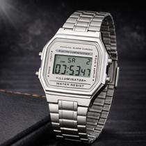 Relógio Unissex Vintage Prata Com Fundo Branco , Números Pretos , Tela LED , Estilo Retrô