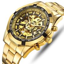 Relógio winner masculino automatico dourado inox social ponteiro analógico transparente forsining