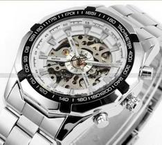 Relógio Winner Prata Fundo Branco automático skeleton Analógico + Caixa Estojo em Acrílico