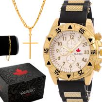 Rélógios Masculino Dourado Pulseira de Borracha Quebec Com Corrente Pingente e Pulseira
