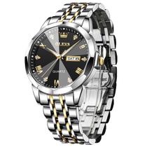 Relógios pretos masculinos, pulseira de aço inoxidável de dois tons, data diurna, relógios de quartzo para homens, mostrador em diamante, número romano, relógio social masculino com bateria, casual, relógio de pulso masculino de três mãos para Father Reloj Hombre