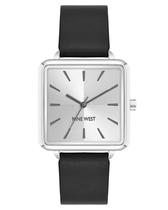 Reloj de Pulsera para Mujer Nine West con Esfera Plateada y Correa de Cuero Sintético Negro