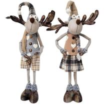 Rena Casal Em Pé Rústico Cinza e Marrom Xadrez, Braços e Gorro Maleável 60cm - Cromus Rena Casal Em Pé Rústico Cinza e Marrom Xadrez, Braços e Gorro Maleável 60cm - Cromus