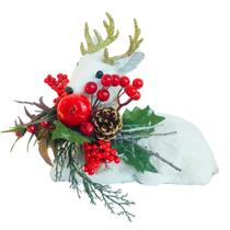 Rena Cervo Deitado com Guirlanda no Pescoço Enfeite de Natal 22cm Palha Branca