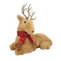 Rena Deitada Decorativa Natal Pelúcia Prime Marrom Claro Cachecol 25cm - Master Christmas