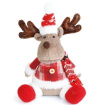 Rena do Papai Noel Sentada Xadrez Vermelha com Galhada e Cachecol Pelúcia Decoração de Natal