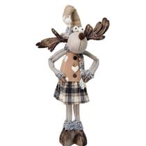 Rena Em Pé Rústico Cinza e Marrom, Saia Xadrez, Braços e Gorro Maleável 60cm - Cromus