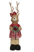 Rena Natal Em Pe Com Vestido E Laco Palha Vermelho 53cm Rena Natal Em Pe Com Vestido E Laco Palha Vermelho 53cm