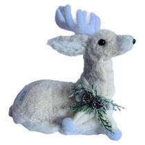 Rena natalina decorativa deitada com cachecol bege - 27cm