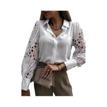 Renda Branca Oco Para Fora Manga Longa Blusa Feminina Vintage Botão Acima Camisa Preta Design De